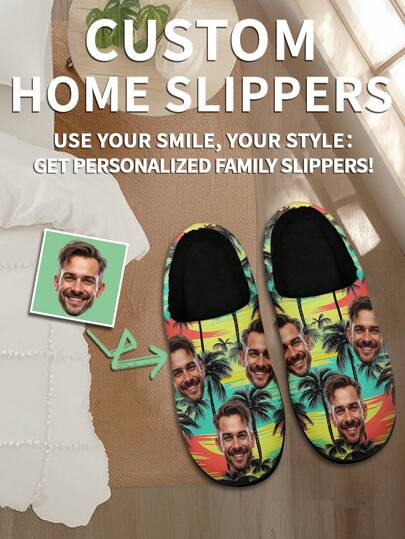 Custom Print Men's Plush Lining Comfortable Lightweight Couple Slippers Suitable For Indoor Wear In Autumn And Winter, Black