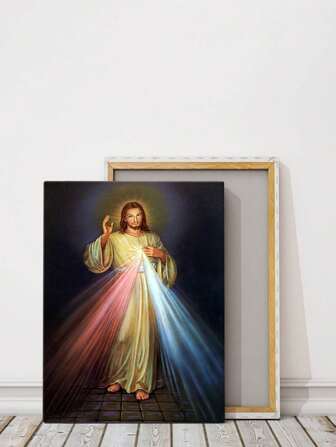 1 幅帆布墙面艺术海报耶稣散发神圣光芒，以深色背景为背景，配有实木框架，非常适合营造精神、平和、反光的氛围，可直接悬挂，可选带框