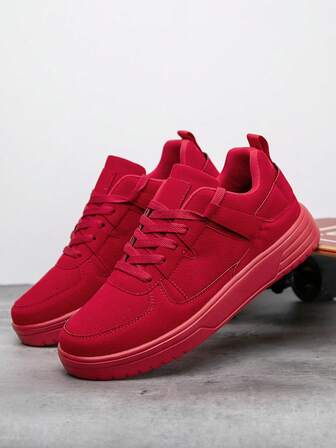 Men's Casual Red Contrasting Color Comfortable Sports Sneakers, Stylish Low-Top Vulcanized Shoes, Suitable For Outdoor, Walking, Couples