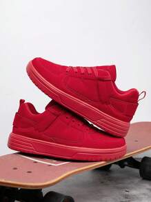 Men's Casual Red Contrasting Color Comfortable Sports Sneakers, Stylish Low-Top Vulcanized Shoes, Suitable For Outdoor, Walking, Couples