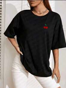 Women's Mini Cherry T-Shirt 100% Cotton Premium Shirt - 黑色 - 查看 2