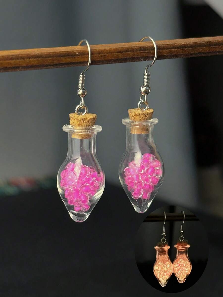 1 对时尚创意万圣节夜光药水瓶耳环，适合女性在任何场合佩戴，万圣节派对耳环 - 粉色 - 查看 1