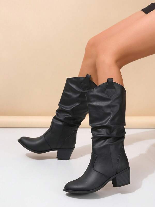 Black Ruched Round Toe Mid-Calf Boots With Chunky Heels, Comfortable & Elegant, Versatile New Commuter & Casual Fashion Boots For Women