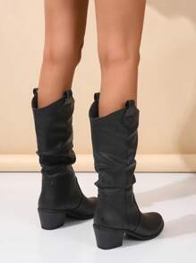 Fall/Winter 2025 Black Ruched Round Toe Mid-Calf Boots With Chunky Heels, Comfortable & Elegant, Versatile New Commuter & Casual Fashion Boots For Women,Western Boots