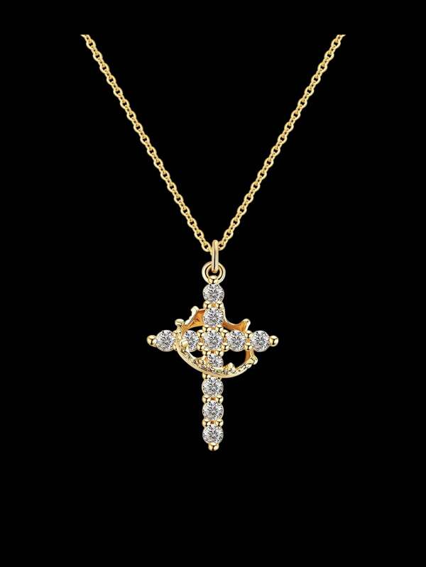 CCO 1pc Cross Pendant Crown Decor Chain Necklace, Holiday Gift