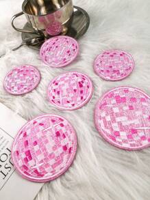 6pcs Pink Disco Ball Patches, Cartoon Style Embroidered Sew-On Appliques, DIY Craft For Clothes, Shoes, Bags - Pink - View 2