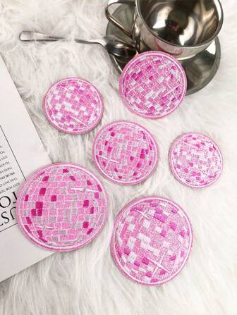 6pcs Pink Disco Ball Patches, Cartoon Style Embroidered Sew-On Appliques, DIY Craft For Clothes, Shoes, Bags