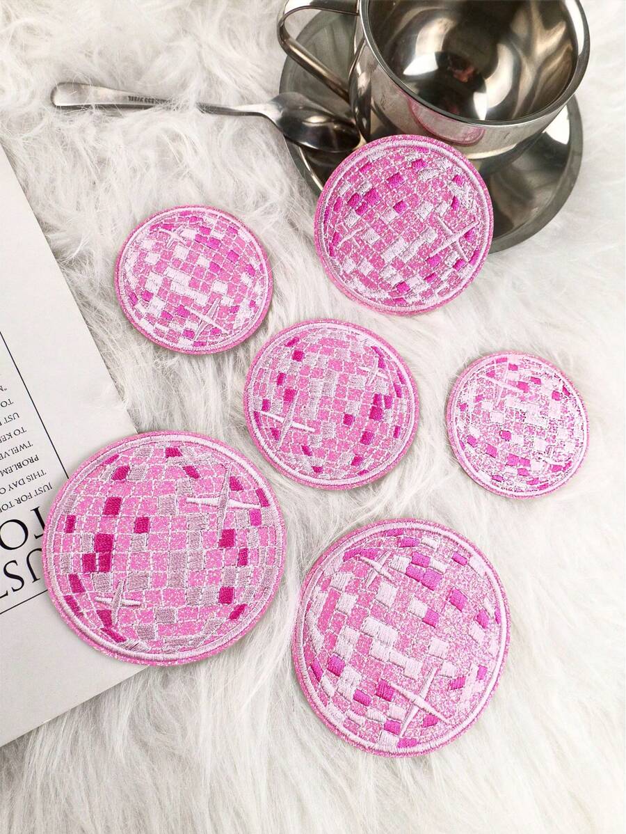 6pcs Pink Disco Ball Patches, Cartoon Style Embroidered Sew-On Appliques, DIY Craft For Clothes, Shoes, Bags - Pink - View 1