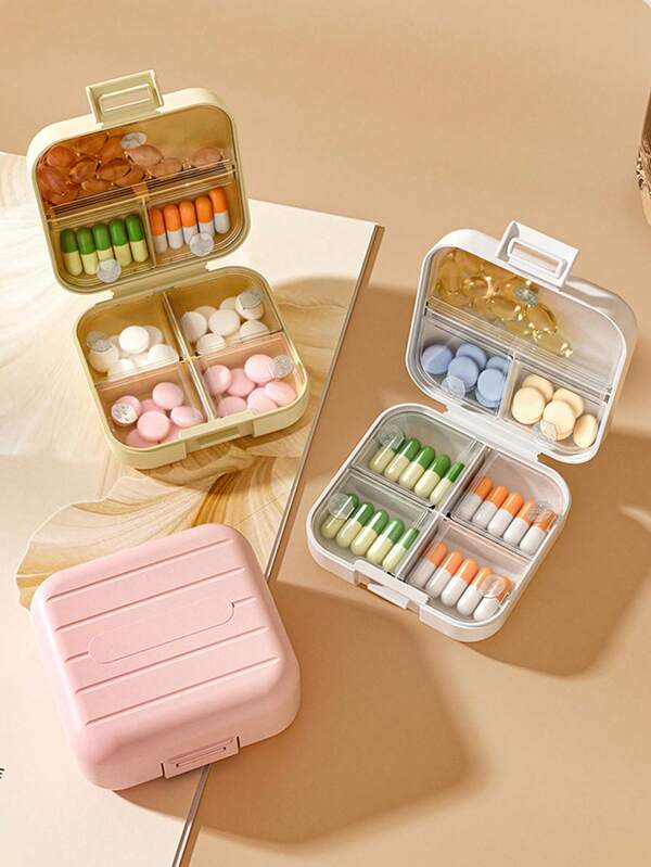 1 pieza Caja de medicina pequeña sellada de plástico, caja dispensadora con compartimentos y tapas conveniente, caja de almacenamiento mini, estuche portátil de accesorios