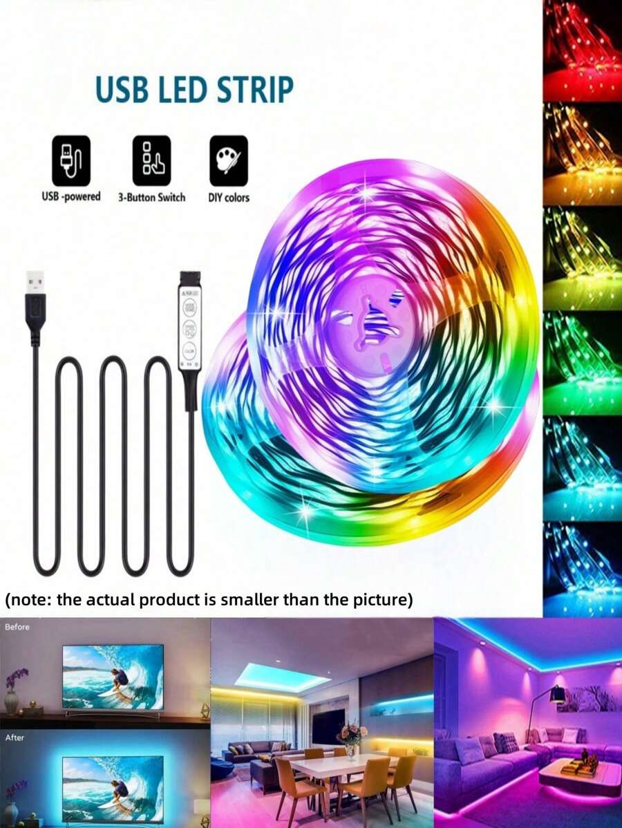 1pc 3-Button Control Multi-Color Flexible LED Strip Light, 12leds/M, USB Powered, 1m/2m/3m/5m Non-Waterproof For TV, Computer Backlight, Bedroom, Living Room, Party Decor (Note: Actual Size Is Smaller Than The Picture)