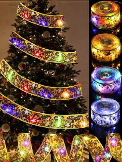 Decoraciones de árbol de Navidad Cintas doradas con luces LED de hadas con pilas, lazos de cinta con luces de alambre de cobre para decoración de árbol de Navidad, año nuevo, fiesta de boda, decoración de habitación, decoración navideña, decoración de árbol de Navidad, adornos navideños, decoración de Navidad, decoración de regalos de Navidad, decoración de Acción de Gracias, decoración de otoño, decoración de cumpleaños, suministros para fiestas, decoración interior y exterior, decoración de jardín, decoración de festivales, decoración de Halloween, decoración de pared, adornos de Halloween