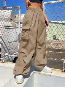 1pc Teen Girls Loose Flap Pocket Side Drawstring Cargo Pants, Suitable For Spring, Summer And Autumn/Winter
