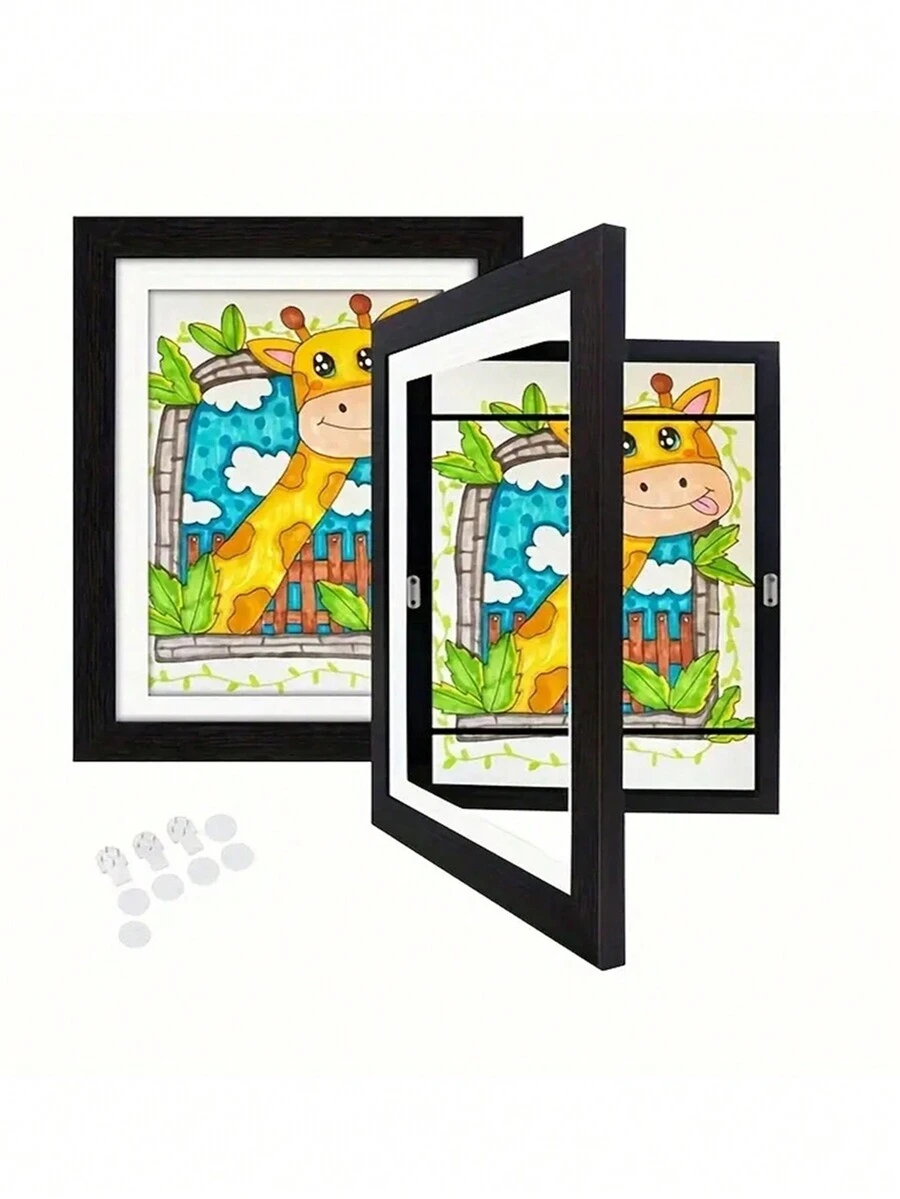 1 khung ảnh gỗ cho trẻ em kích thước 6x8"(15,2x20,3cm), khung từ tính trong suốt gắn tường để lưu trữ và trưng bày các tác phẩm nghệ thuật, bản vẽ, giải thưởng và chứng chỉ của trẻ em - màu đen - Xem 1