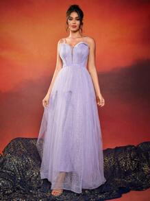 Vestido de fiesta de mujer con tirantes finos, lentejuelas y tul brillante, vestido de invitada de boda, vestido formal, vestido de noche - Morado - Ver 5