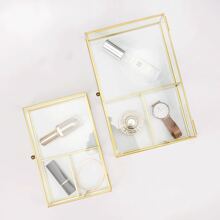 1pc Transparent Glass Covered Storage Box Makeup Jewelry Organizer Tray - Gold - View 5