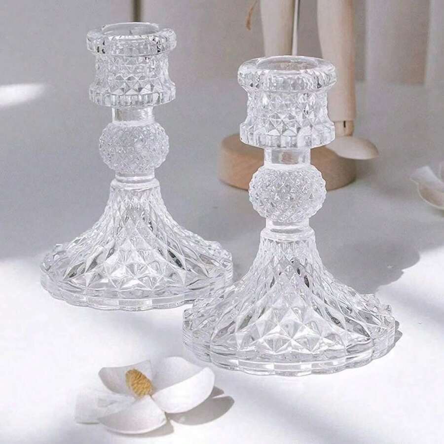 1 Piece Set Of Vertical Diamond Patterned Retro Glass Candle Holder Decorations, Candle Holder Seats, Family Candlelight Dinner Props, Romantic Atmosphere Decoration On The Dining Table - Clear - View 1
