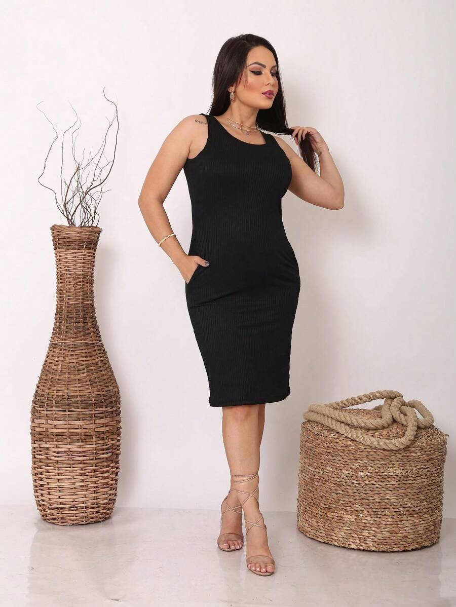 Short Midi Dress With Basic Tank Top And Pockets - màu đen - Xem 1