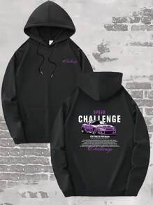 Boyfriend Style Men's New Fashion Hoodie, Casual Daily Drawstring Hoodie With Car & English Letter Print, Front Kangaroo Pocket, Boyfriend Style Men Top, Sports