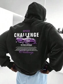 Boyfriend Style Men's New Fashion Hoodie, Casual Daily Drawstring Hoodie With Car & English Letter Print, Front Kangaroo Pocket, Boyfriend Style Men Top, Sports