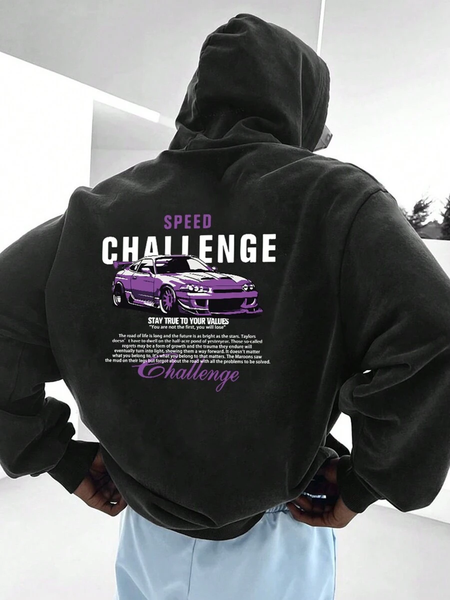 Boyfriend Style Men's New Fashion Hoodie, Casual Daily Drawstring Hoodie With Car & English Letter Print, Front Kangaroo Pocket, Boyfriend Style Men Top, Sports