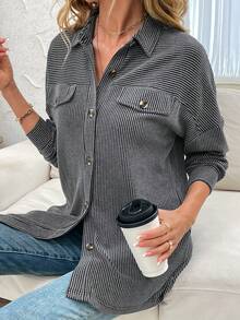 Women Button Down Shirts Ribbed Loose Dress Shirts Long Sleeve Casual Blouses - Black - View 3