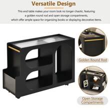 Anwick Mobile End Table With Lockable Wheels, Narrow Coffee Table With 5mm Thick Fluted Tempered Glass, Modern Nightstand With Golden Round Rod, Living Room, Black, 31.5''W X11.8''D X 23.1''H