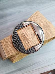 WOMEN'S ELASTIC STRAW BELT WITH STRETCHING BAMBOO BUCKLE, SYNTHETIC LEATHER TIP, IDEAL FOR SPRING SUMMER 2024 DRESSES, ELEGANT - Màu Khaki - Xem 1