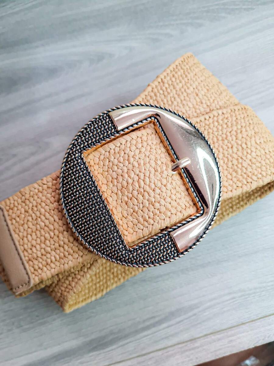 WOMEN'S ELASTIC STRAW BELT WITH STRETCHING BAMBOO BUCKLE, SYNTHETIC LEATHER TIP, IDEAL FOR SPRING SUMMER 2024 DRESSES, ELEGANT - Màu Khaki - Xem 1