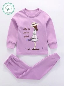 Bộ đồ ngủ in họa tiết hoạt hình màu tím cho bé gái, đồ ngủ cho mùa xuân và mùa thu - Màu tím - Xem 1