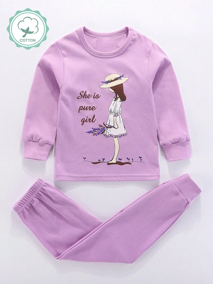 Bộ đồ ngủ in họa tiết hoạt hình màu tím cho bé gái, đồ ngủ cho mùa xuân và mùa thu - Màu tím - Xem 1
