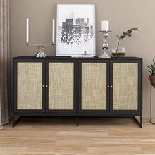 Modern Sideboard Cabinet, Accent Storage Cabinet With Rattan Doors And Adjustable Shelves, Freestanding Sideboard Storage Cabinet For Kitchen Dining Living Room Hallway Office - màu đen - Xem 1
