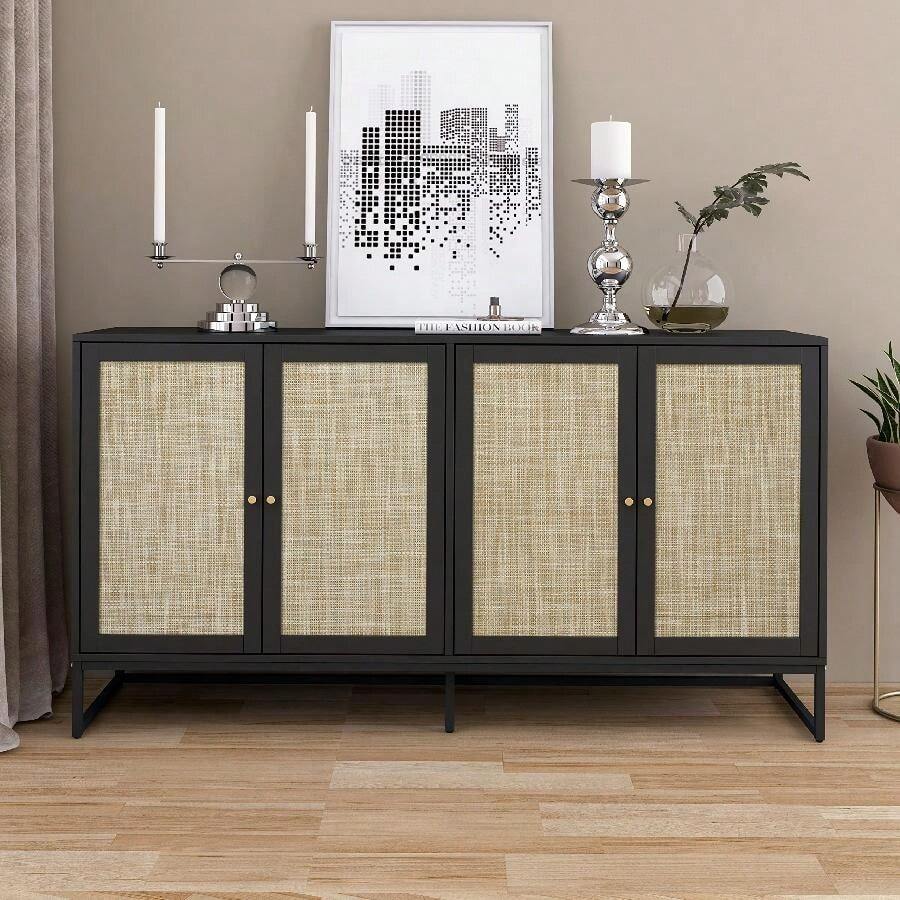 Modern Sideboard Cabinet, Accent Storage Cabinet With Rattan Doors And Adjustable Shelves, Freestanding Sideboard Storage Cabinet For Kitchen Dining Living Room Hallway Office - màu đen - Xem 1