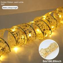 1 st. LED-kerstlintverlichting 39,37/78,74/196,85/393,7 inch zilver/gouden lint met koperdraad, feeënlichtsnoer, kerstboom, decoratief lint, strikken, lampen, op batterijen, voor thuis, tuin, tuin, bruiloft, verjaardag, feest, kerstboom, festivals, nieuwjaarsdecoratie (1/2/5/10 m gouden/zilveren lint; warm wit/wit/kleurrijk licht), kamerdecoratie, kerstdecoratie, kerstverlichting, slaapkamerdecoratie, woondecoratie, feestdecoratie, vakantie, festival, kerstcadeau, Thanksgiving, kerstboomdecoratie, ornamenten