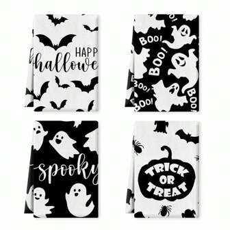 4 件套万圣节厨房毛巾套装，万圣节厨房装饰，TRICK OR TREAT SPOOKY BOO 黑白南瓜、蝙蝠、幽灵设计节日厨房毛巾和洗碗布 16 英寸 X 24 英寸