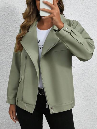 Women's Faux Leather Moto Biker Coat Oversize Jacket