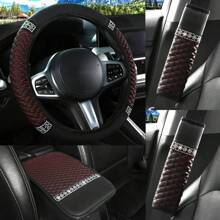 4pcs Sparkling Faux Diamond Leather Car Accessories Set Including Steering Wheel Cover, Center Console Armrest Pad, Faux Diamond Leather Seat Belt Shoulder Pad For Women, Car Decoration