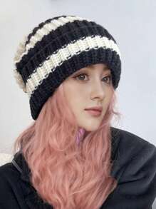 秋冬季复古条纹针织帽女加厚保暖贴边帽休闲无檐帽子男女户外防寒弹力宽松帽子