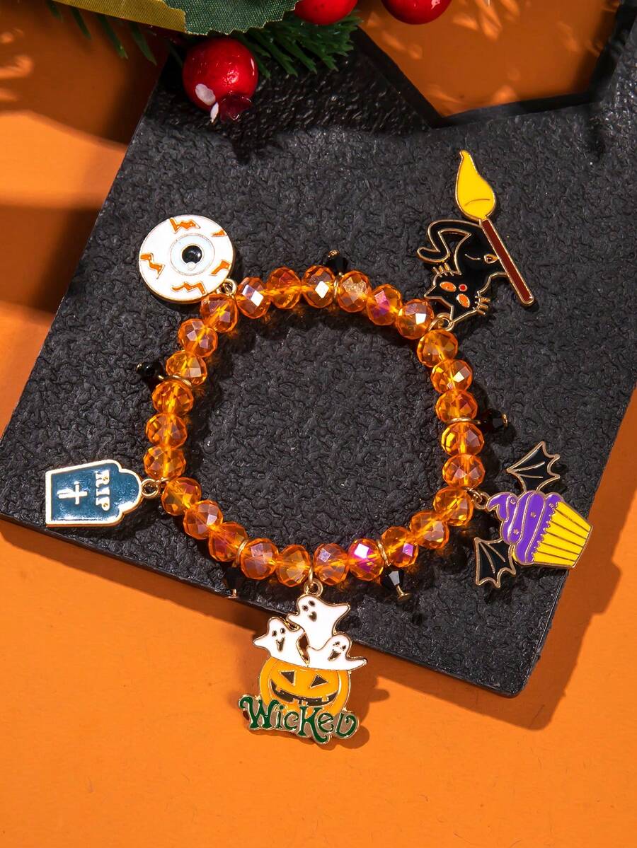 1 件哥特式南瓜灯和黑猫串珠手链，适合女性的时尚配饰，适合节日穿着 - 彩色 - 查看 1