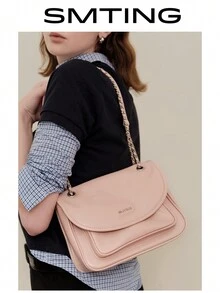 SMTING 法式时尚小方形翻盖单肩包、办公室女士链条斜挎包、粉色女士手提包，适合约会和聚会 - 粉色 - 查看 5
