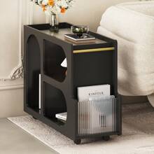 Anwick Mobile End Table With Lockable Wheels, Narrow Coffee Table With 5mm Thick Fluted Tempered Glass, Modern Nightstand With Golden Round Rod, Living Room, Black, 31.5''W X11.8''D X 23.1''H