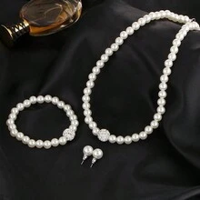 Wis 复古简约仿珍珠项链耳环首饰套装女士优雅摄政水晶颈链宴会婚礼配饰 - 白色 - 查看 3