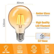 Aigostar Bombilla Vintage LED,Bombilla LED E27 Luz Calida 2200K, 6W (Equivalente a 48W),600LM,G80 Retro Bombilla Decorativa,para el Hogar, Restaurante, Cafetería, Bar-3 Unidades - Blanco Cálido - Ver 2