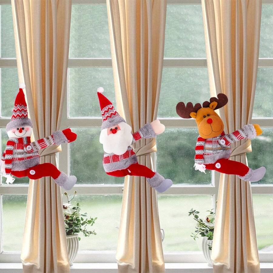 Sujetadores de cortina de ventana con diseños de Papá Noel, muñeco de nieve y renos, sujetadores de cortinas navideñas para decoración hogareña, también para la parte superior de botellas de vino - Multicolor - Ver 1