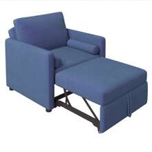 3 In 1 Convertible Sleeper Chair With Adjustable Backrest, Lounger Chair Turns Into Bed, Single Bed For Living Room, Linen, Tan - Blue - View 4