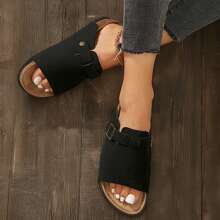 Stylish Women's Slide Sandals With,Cork Footbed,And Adjustable Straps - Featuring Unique Knitted Design For Comfort. - màu đen - Xem 6