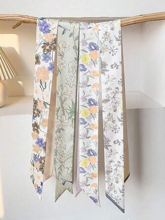 4 件套优雅真丝围巾和花卉图案发带和头带和发带，多用途，适合日常生活和度假头巾头带吸汗带