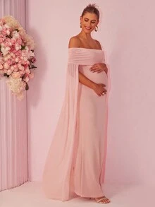 Joyfunear 1pc Off Shoulder Sexy Ruched Maternity Dress With Cape, Elegant, For Party - Pink - View 4