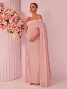 Joyfunear 1pc Off Shoulder Sexy Ruched Maternity Dress With Cape, Elegant, For Party - Pink - View 5