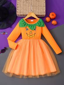 Young Girl Long Sleeve Halloween Mesh Dress - Orange - View 1