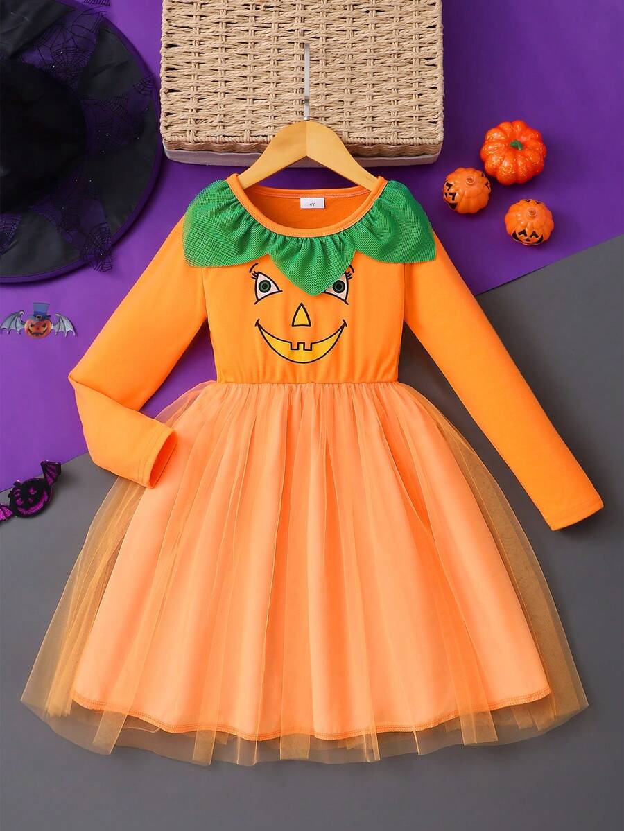 Young Girl Long Sleeve Halloween Mesh Dress - Orange - View 1